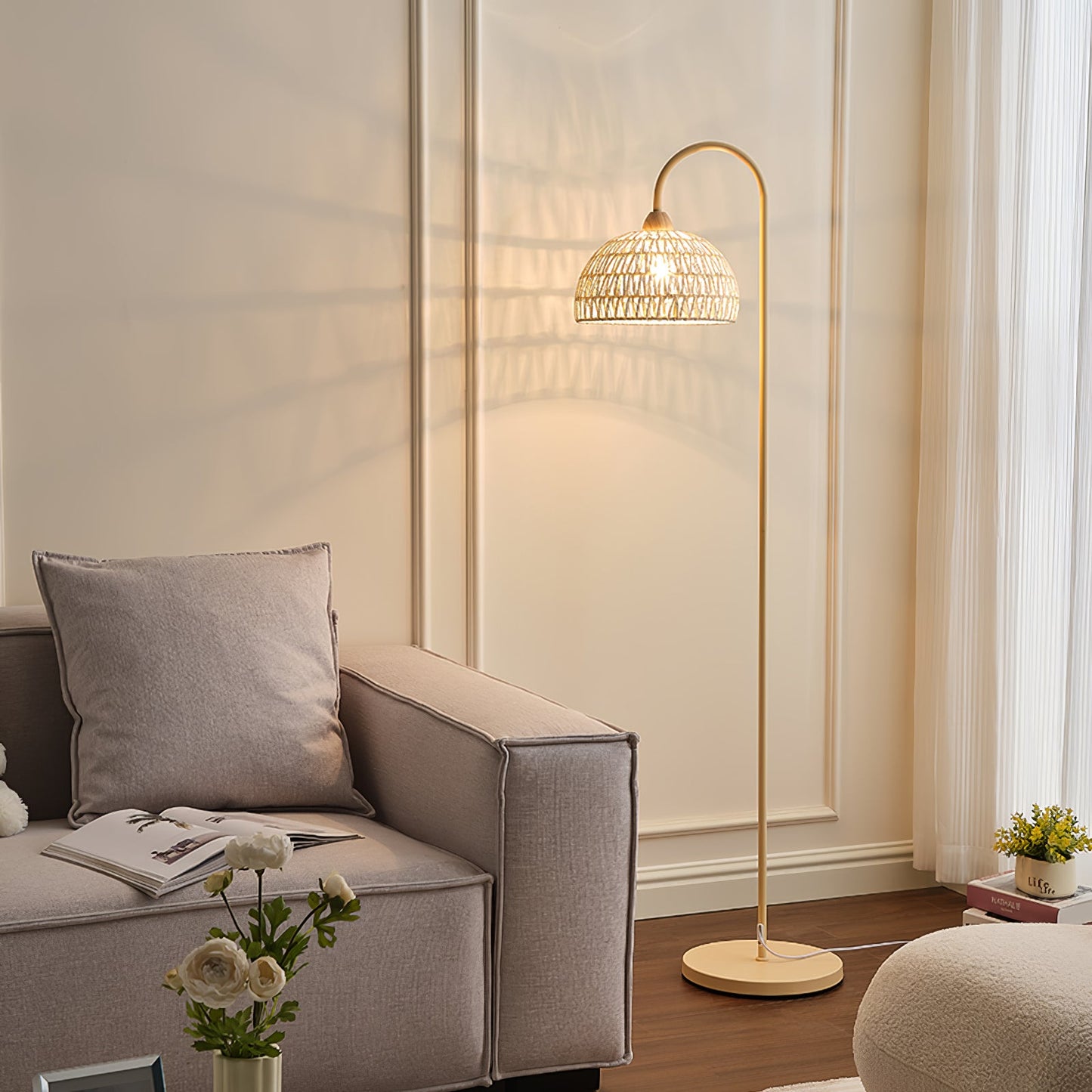 Rattan Arch Floor Lamp - Stylish Beige Indoor Lighting