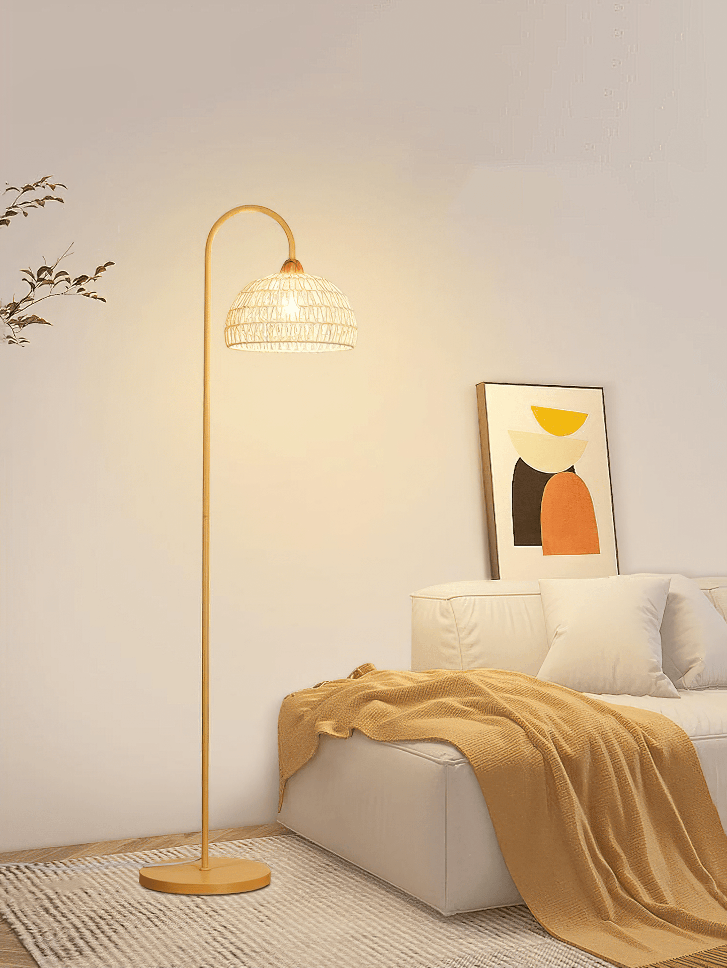 Rattan Arch Floor Lamp - Stylish Beige Indoor Lighting