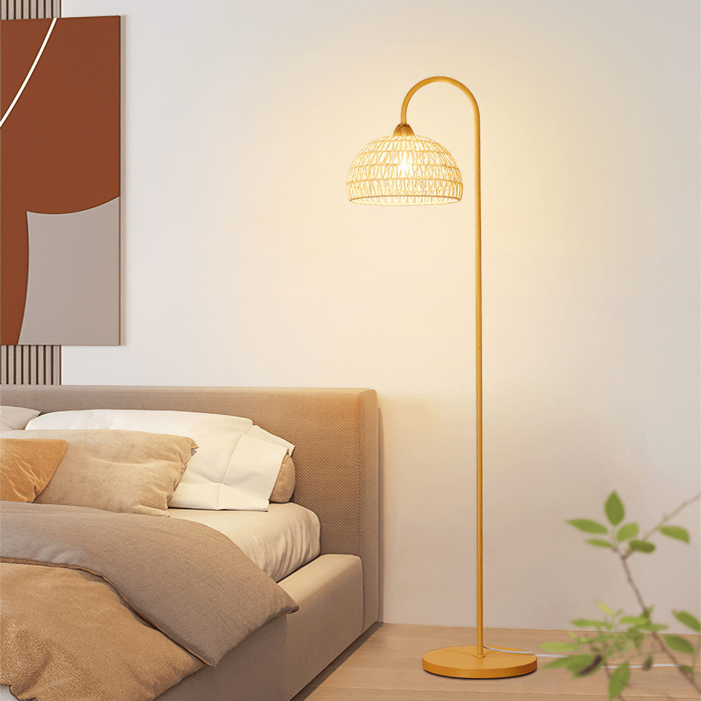Rattan Arch Floor Lamp - Stylish Beige Indoor Lighting