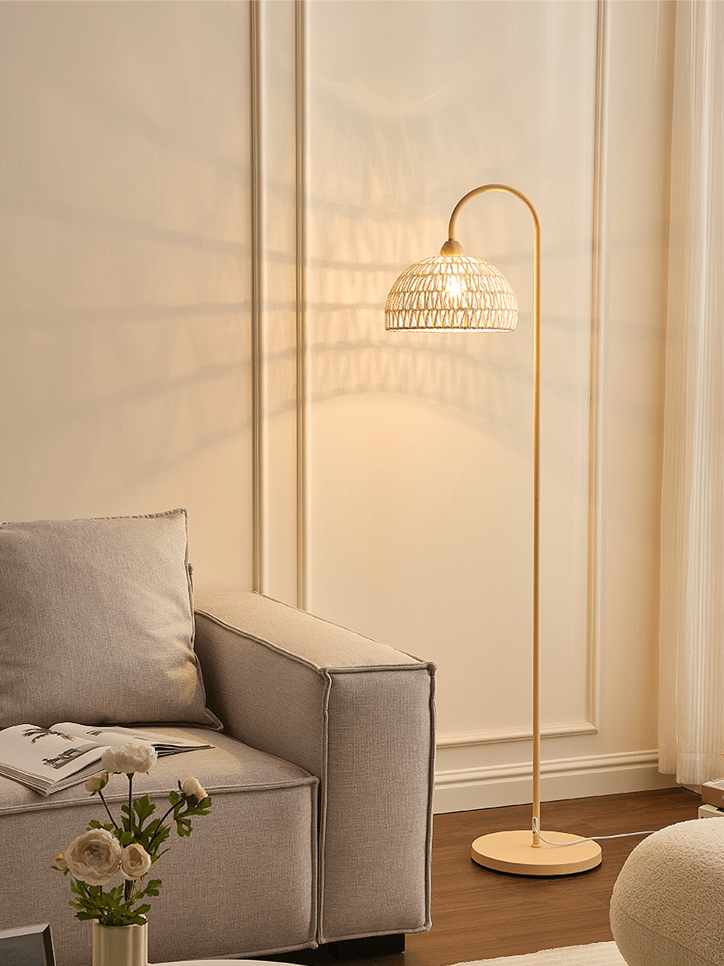 Rattan Arch Floor Lamp - Stylish Beige Indoor Lighting