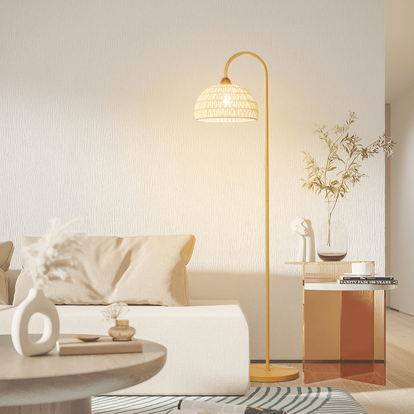 Rattan Arch Floor Lamp - Stylish Beige Indoor Lighting