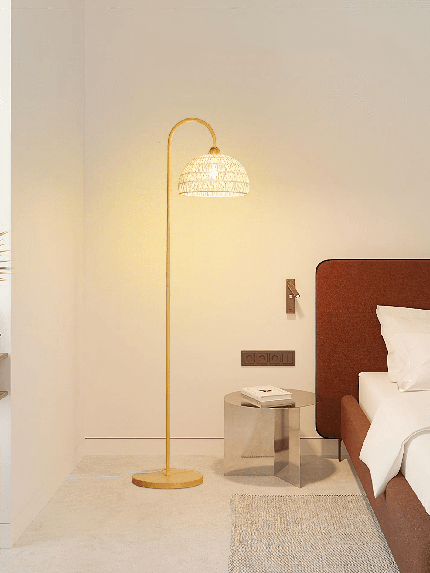 Rattan Arch Floor Lamp - Stylish Beige Indoor Lighting