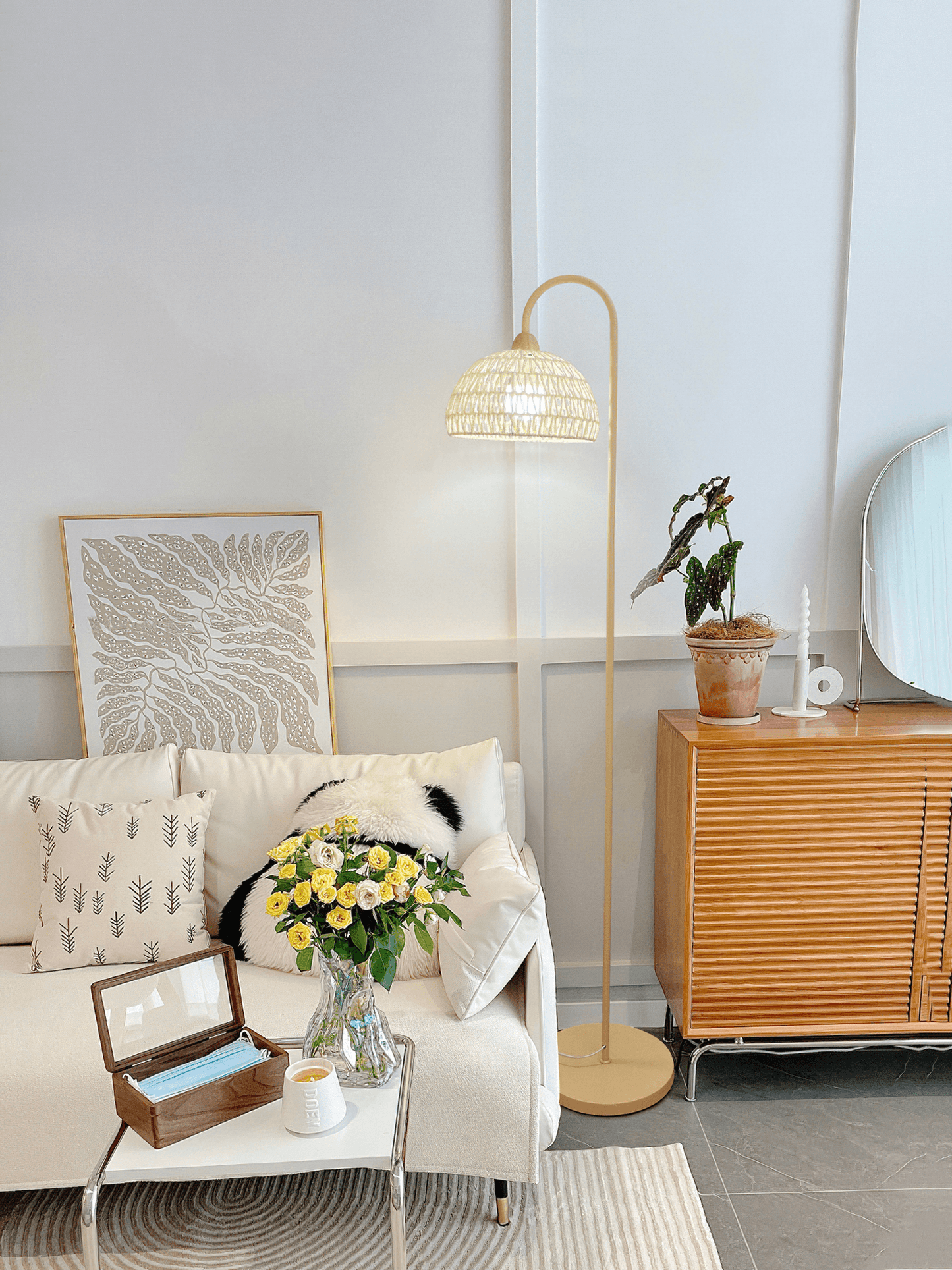 Rattan Arch Floor Lamp - Stylish Beige Indoor Lighting