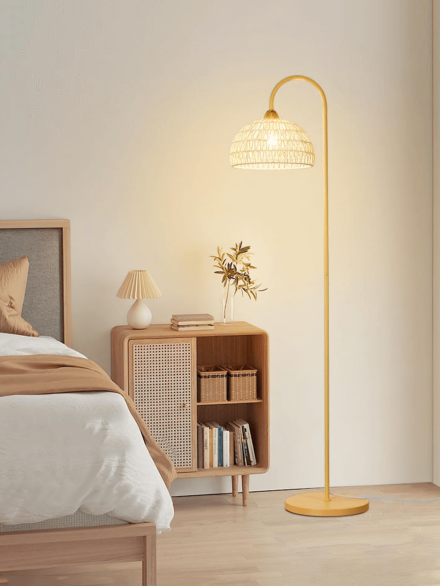 Rattan Arch Floor Lamp - Stylish Beige Indoor Lighting