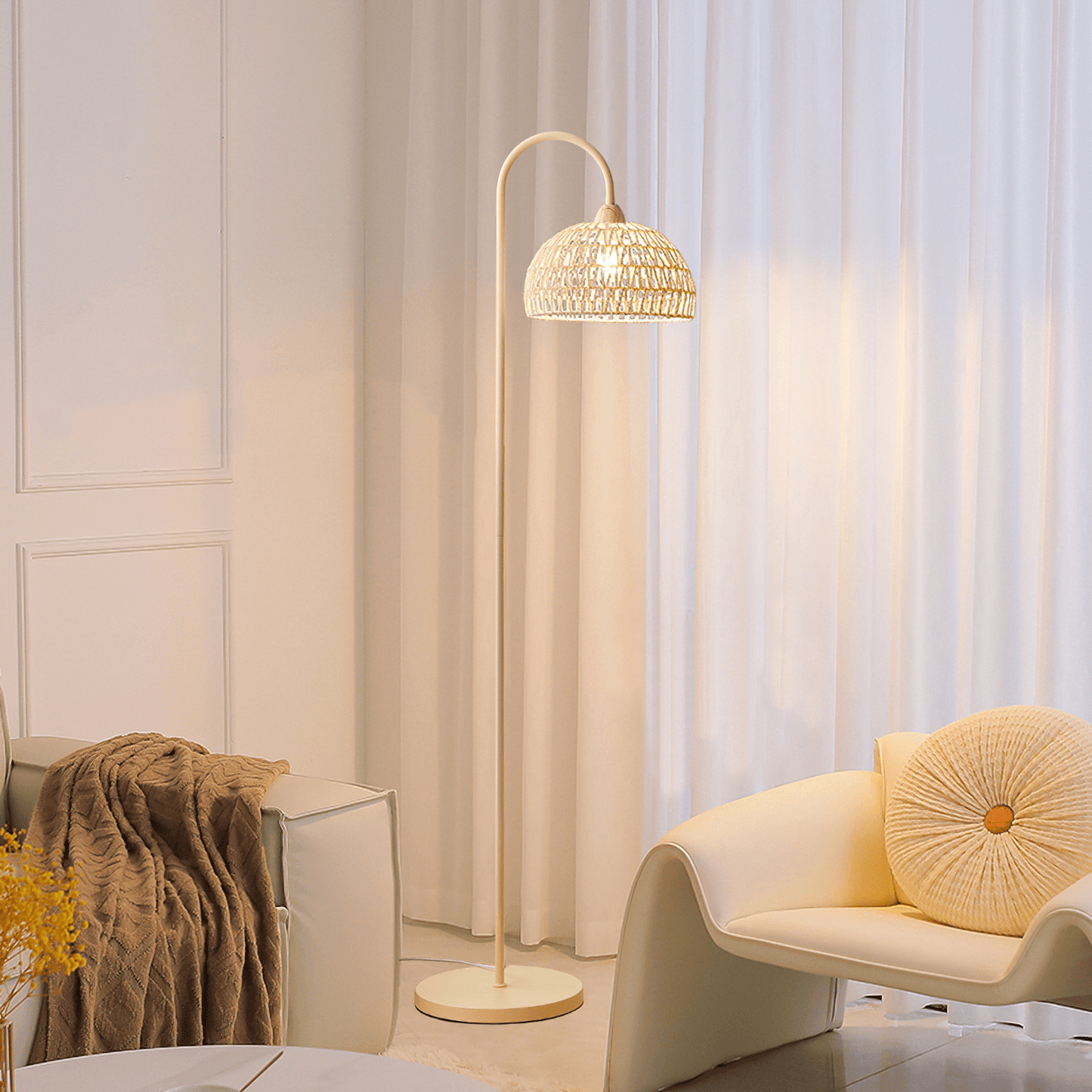 Rattan Arch Floor Lamp - Stylish Beige Indoor Lighting