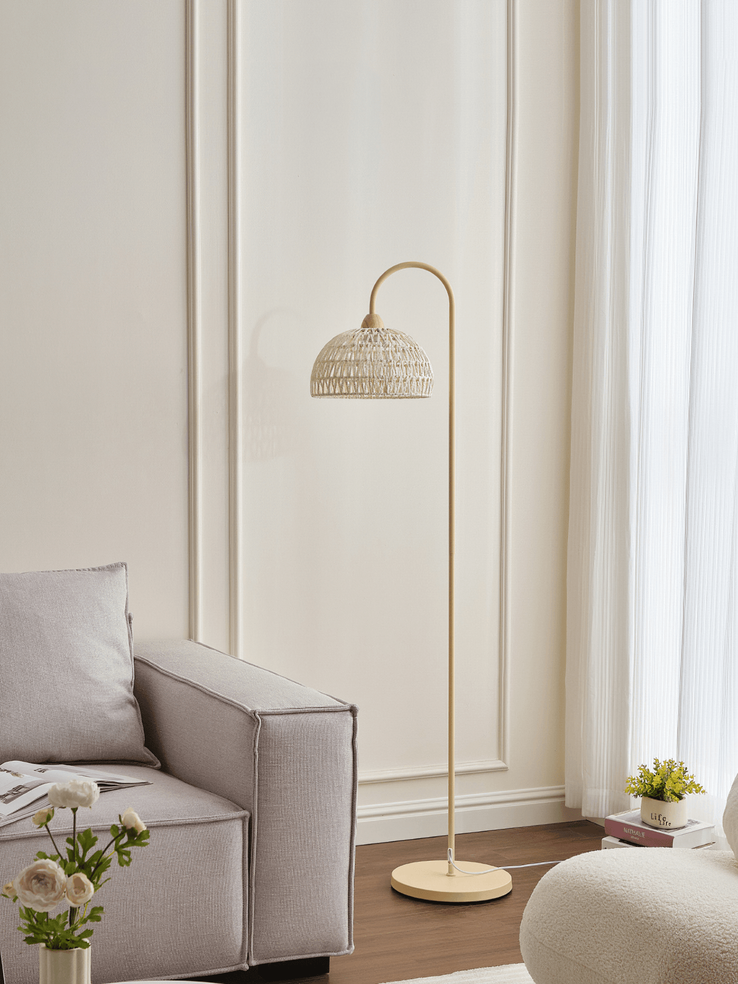 Rattan Arch Floor Lamp - Stylish Beige Indoor Lighting