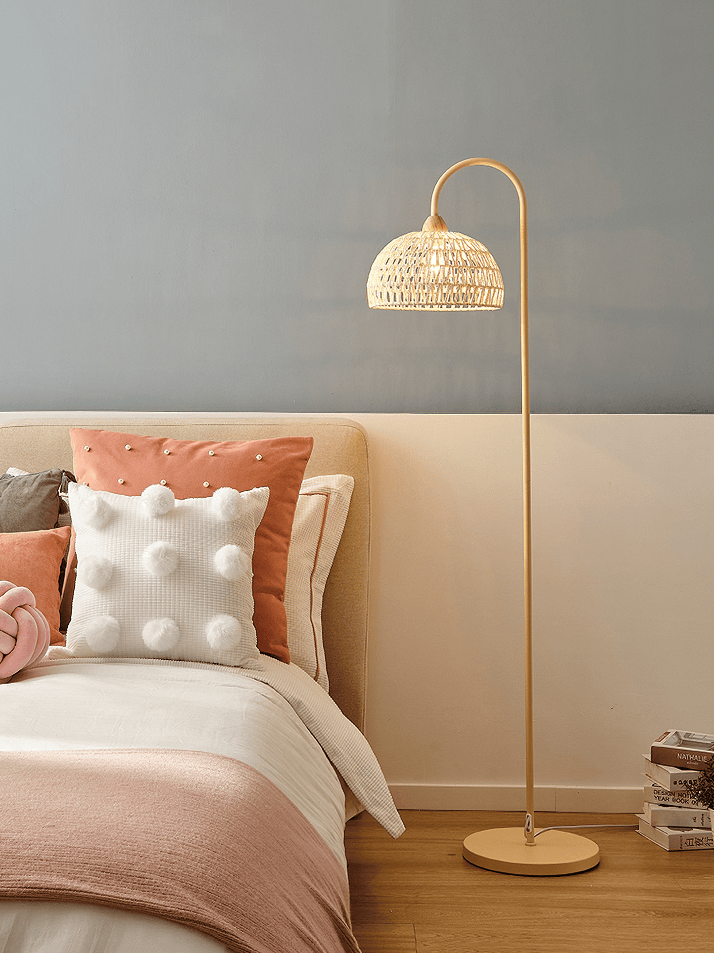 Rattan Arch Floor Lamp - Stylish Beige Indoor Lighting