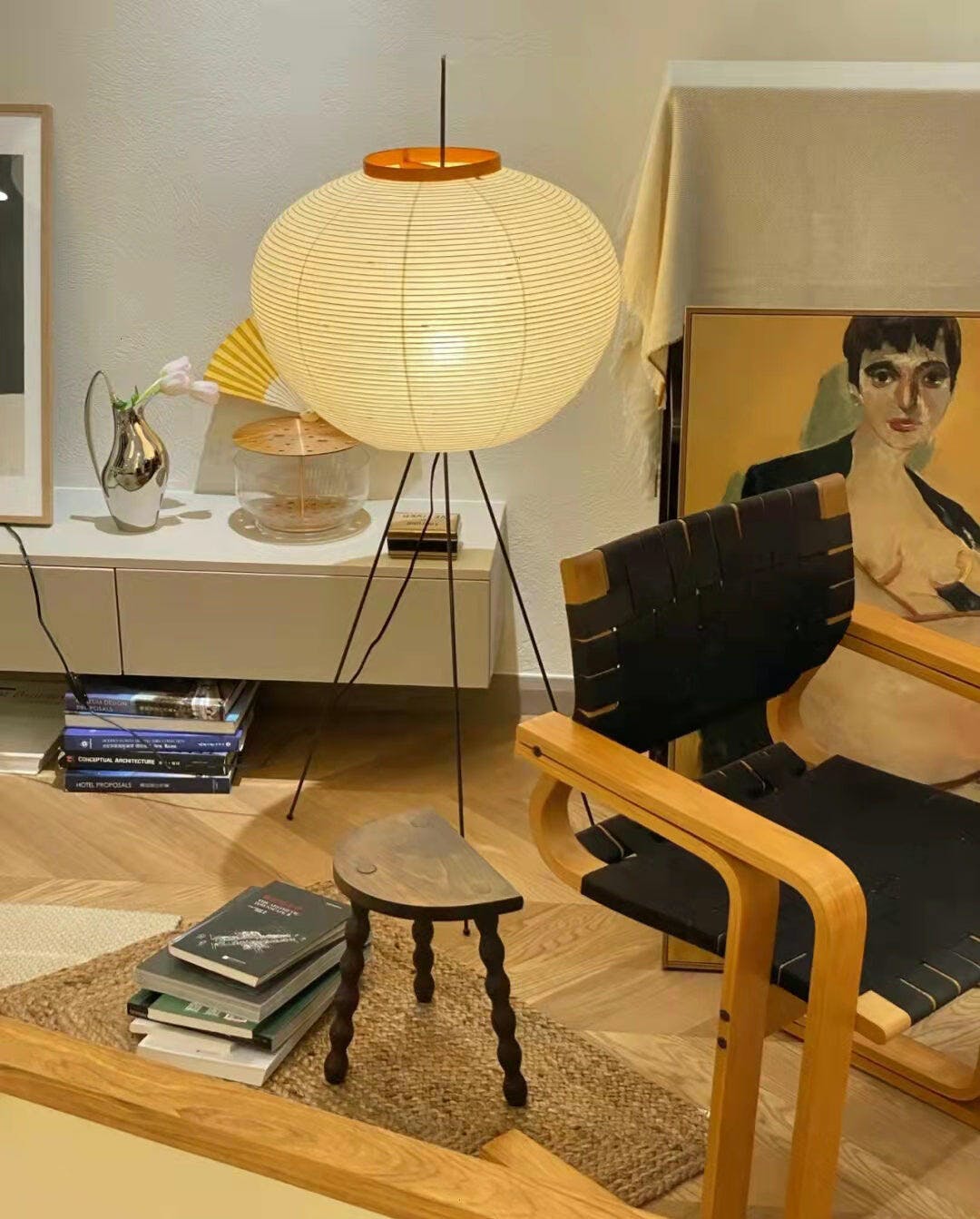 Rice Paper Floor Lamp - Indoor LED Lantern Design, Black