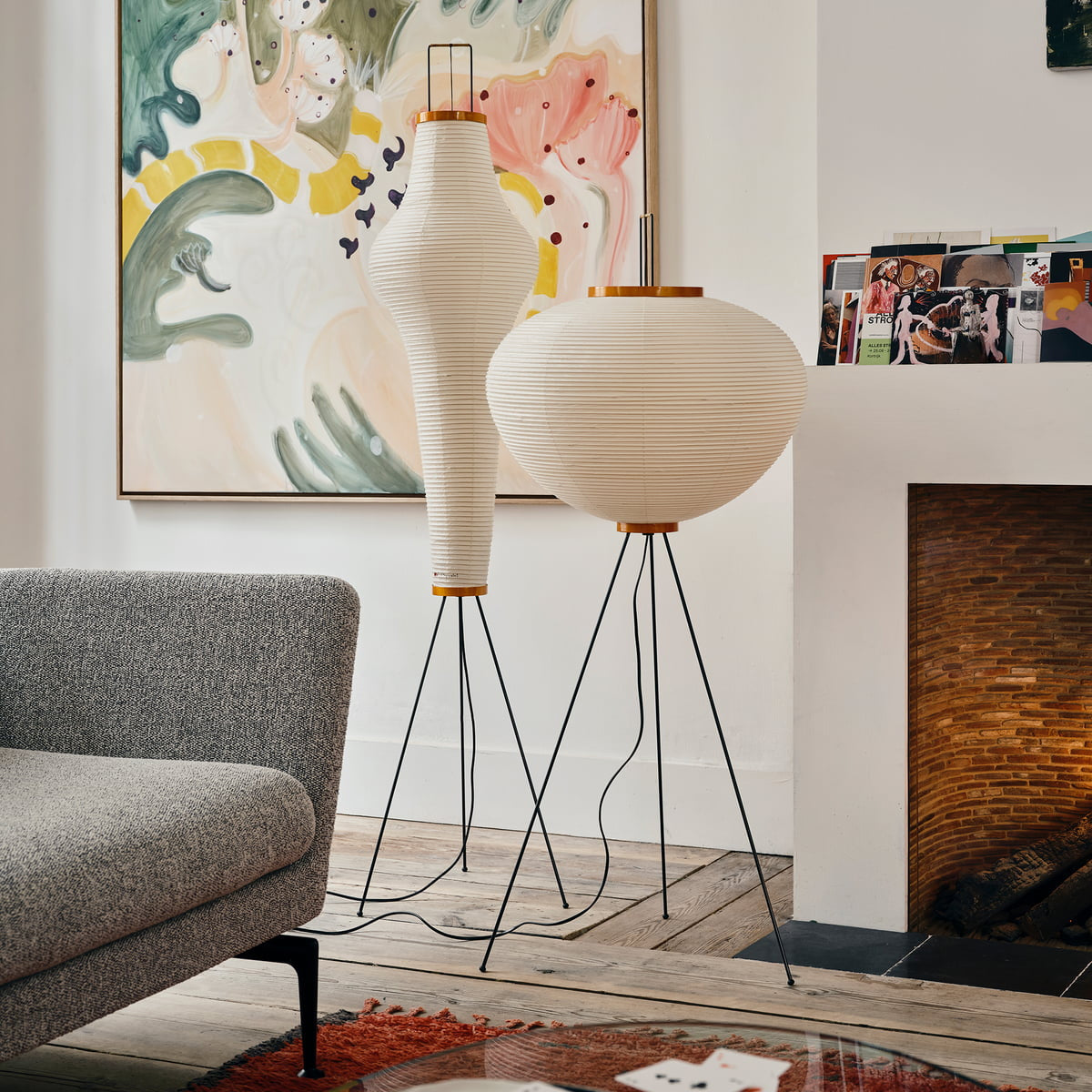 Rice Paper Floor Lamp - Indoor LED Lantern Design, Black
