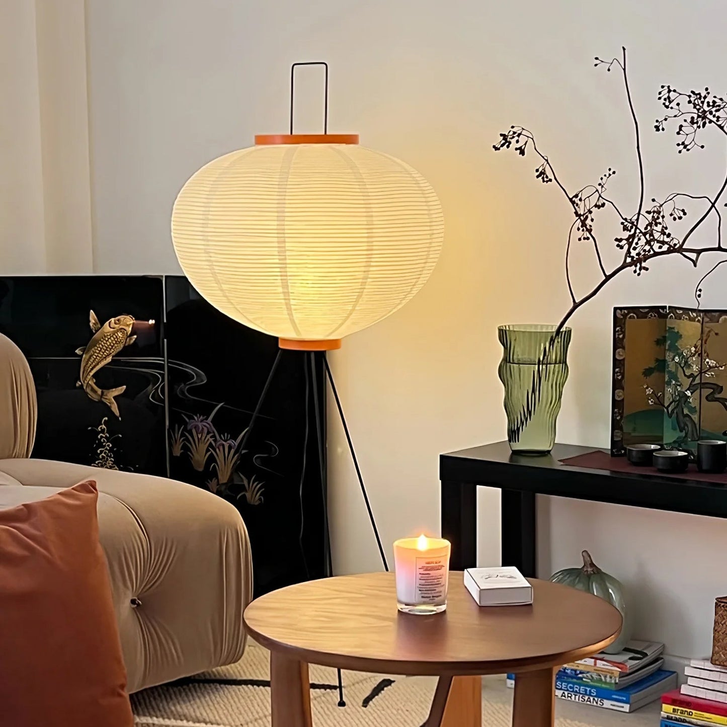 Rice Paper Floor Lamp - Indoor LED Lantern Design, Black