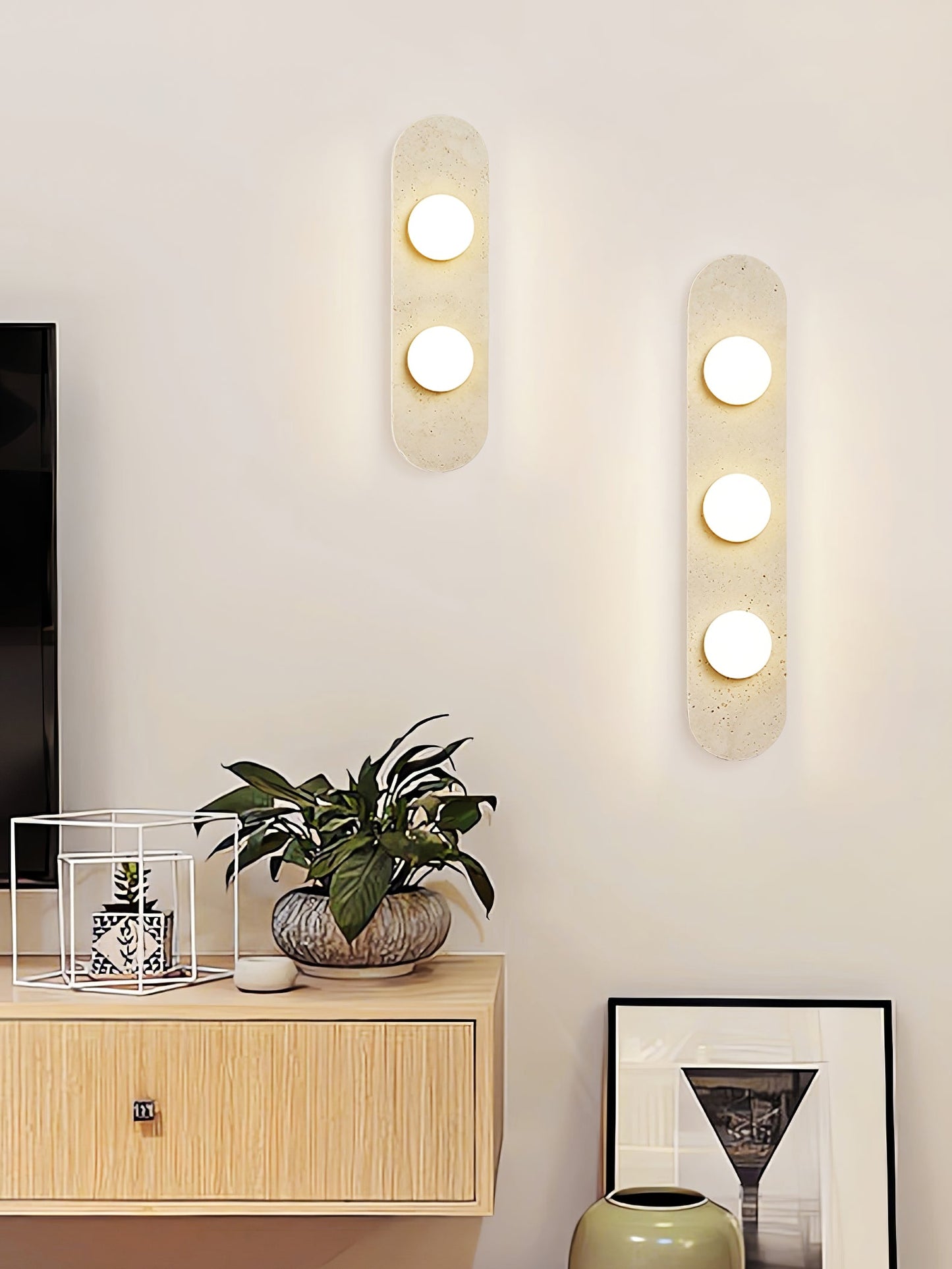Rounded Travertine Wall Sconce with LED Glass Globes