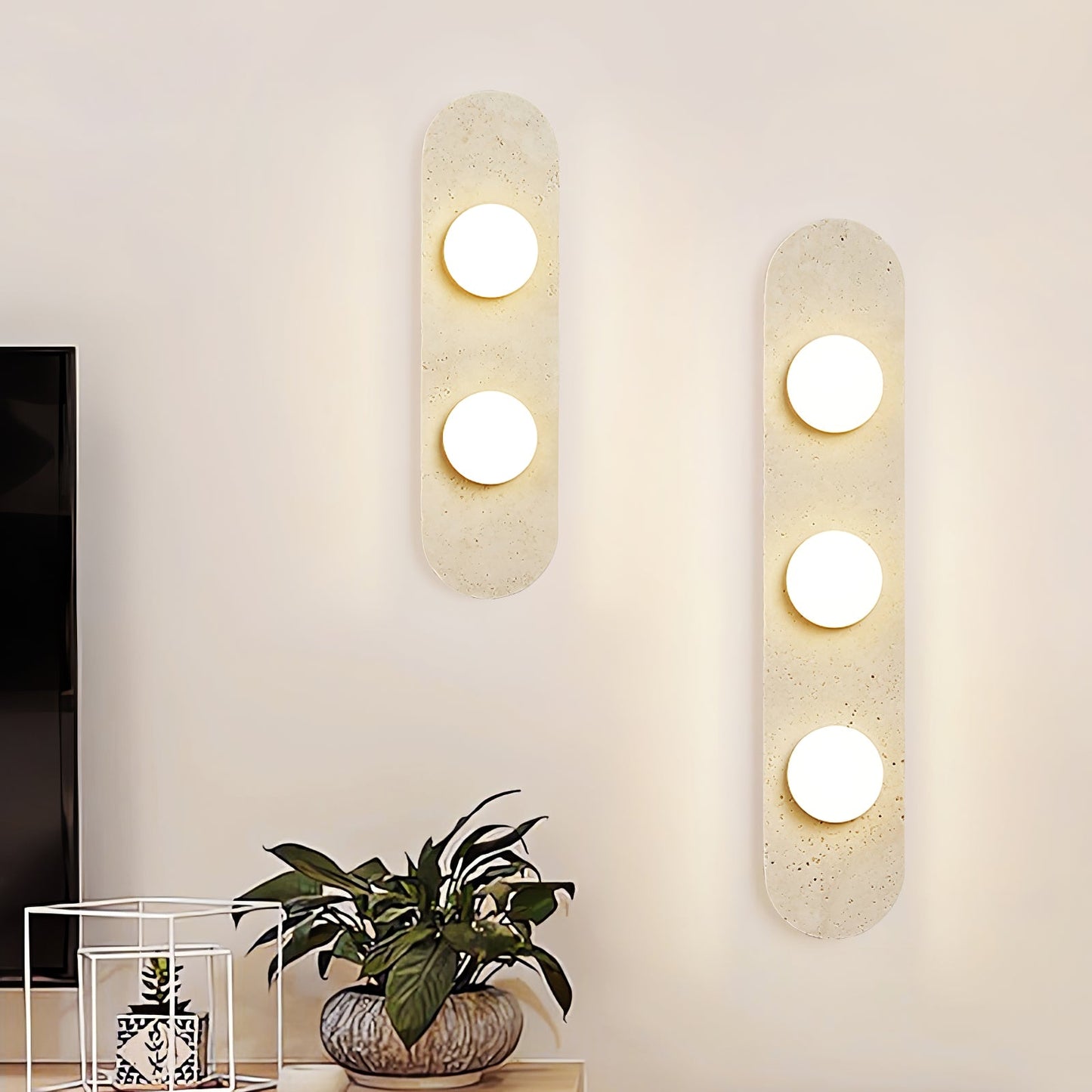 Rounded Travertine Wall Sconce with LED Glass Globes