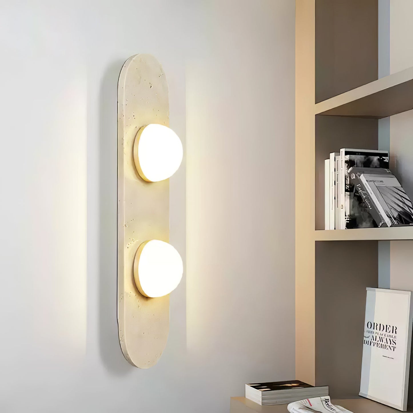 Rounded Travertine Wall Sconce with LED Glass Globes