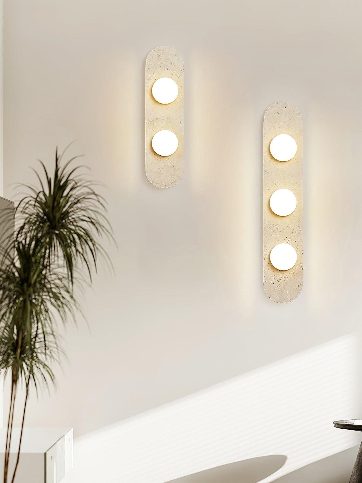 Rounded Travertine Wall Sconce with LED Glass Globes