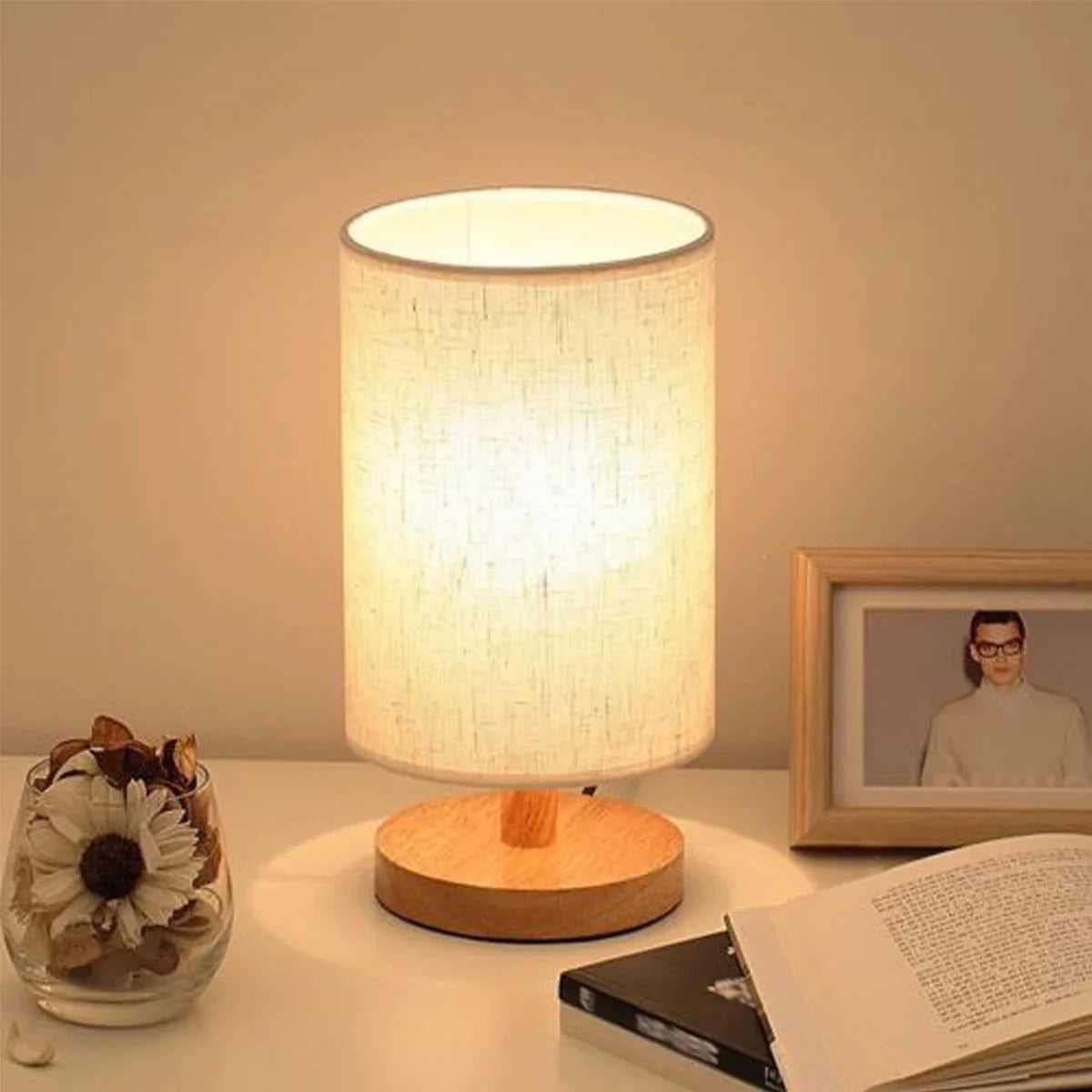 Damero Touch Control Wooden Linen Table Lamp | USB LED Night Light | Warm White Mood Lighting for Cozy Home Decor