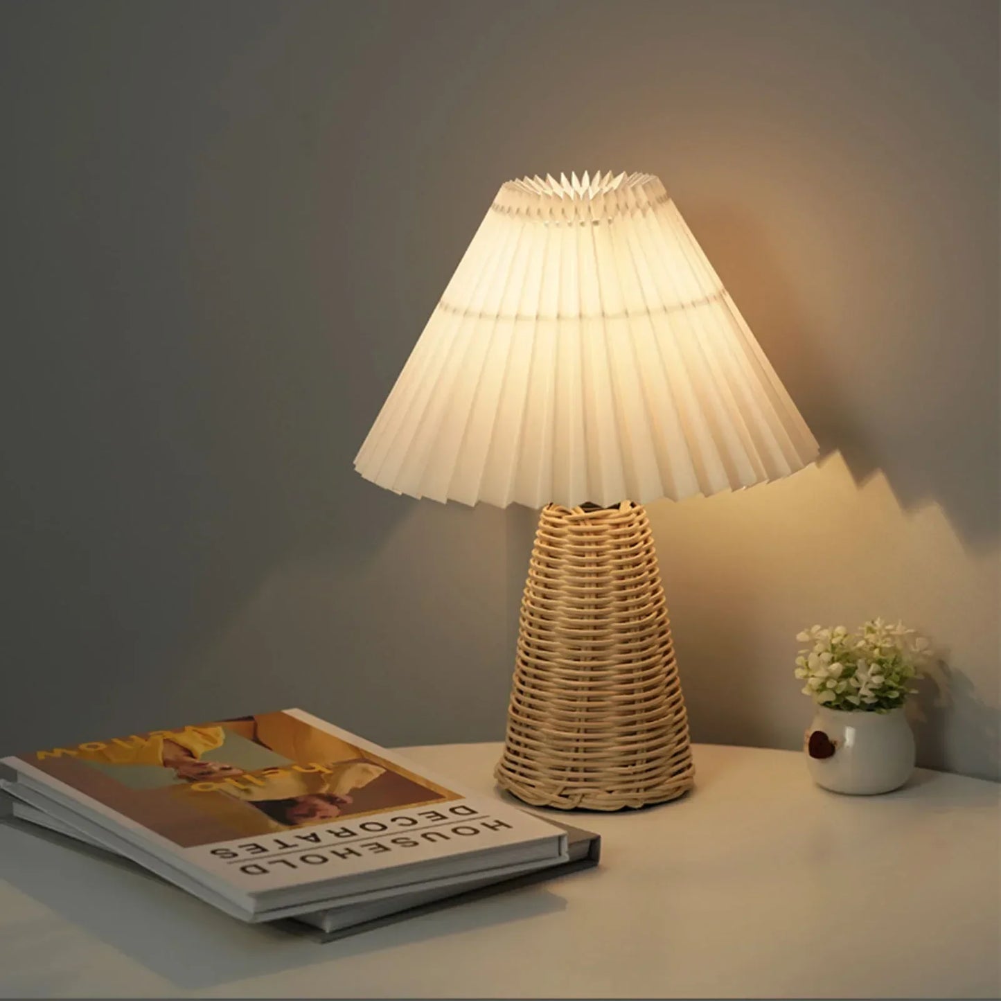Puffed Table Lamp with Rattan Base | Vintage LED Night Light | Soft Warm Glow for Cozy Bedroom Decor - Morven