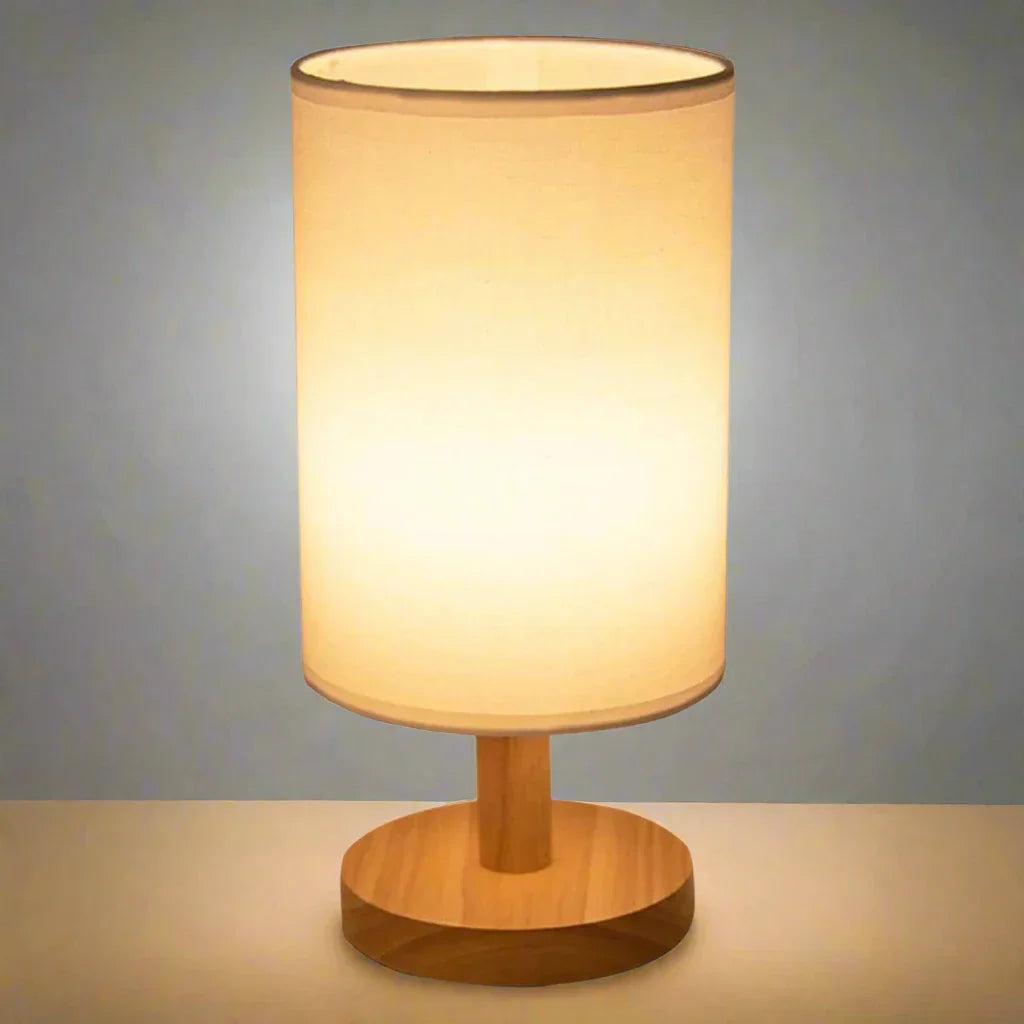 Damero Touch Control Wooden Linen Table Lamp | USB LED Night Light | Warm White Mood Lighting for Cozy Home Decor