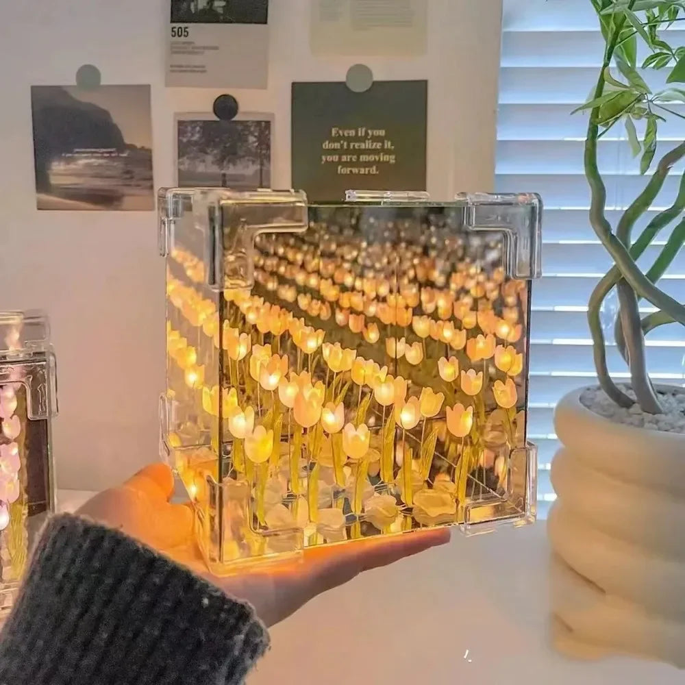 DIY Tulip Cube Mirror Lamp, 3D Night Light with LED