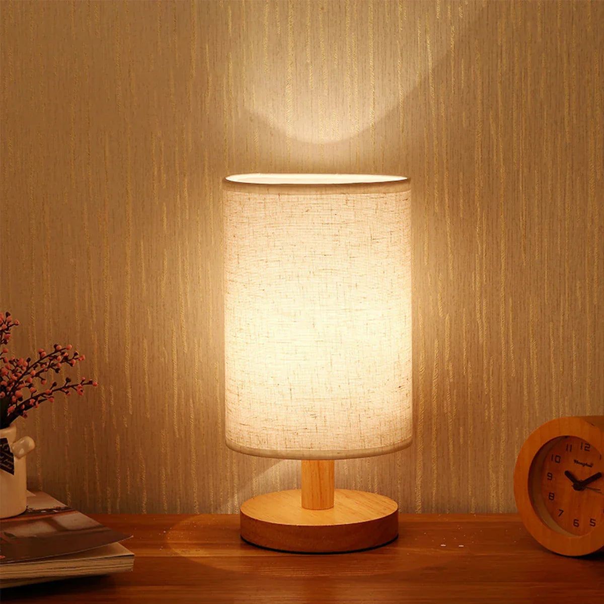 Damero Touch Control Wooden Linen Table Lamp | USB LED Night Light | Warm White Mood Lighting for Cozy Home Decor