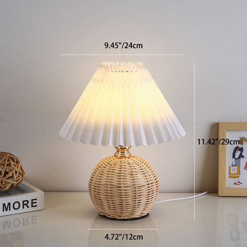 Contemporary Nordic Rattan Fabric Folded Cone Ball LED Table Lamp