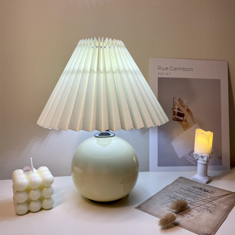 Modern Minimalist Round Fabric Fold Ceramic LED Table Lamp for Bedroom