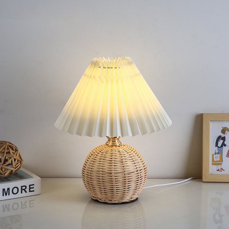 Contemporary Nordic Rattan Fabric Folded Cone Ball LED Table Lamp