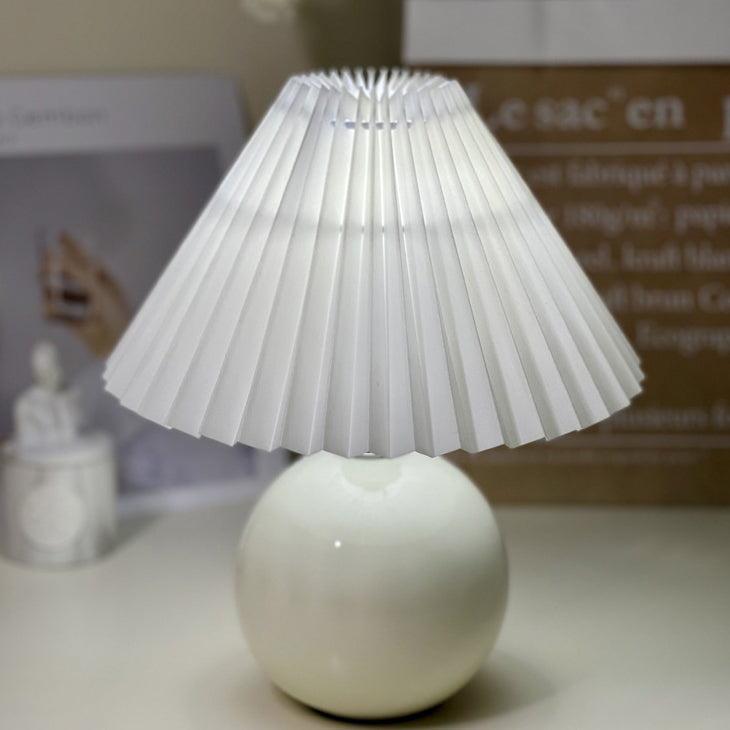 Modern Minimalist Round Fabric Fold Ceramic LED Table Lamp for Bedroom