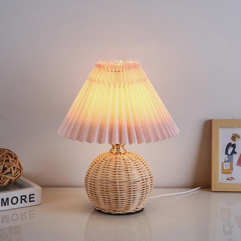 Contemporary Nordic Rattan Fabric Folded Cone Ball LED Table Lamp