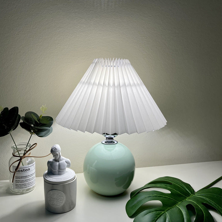 Modern Minimalist Round Fabric Fold Ceramic LED Table Lamp for Bedroom