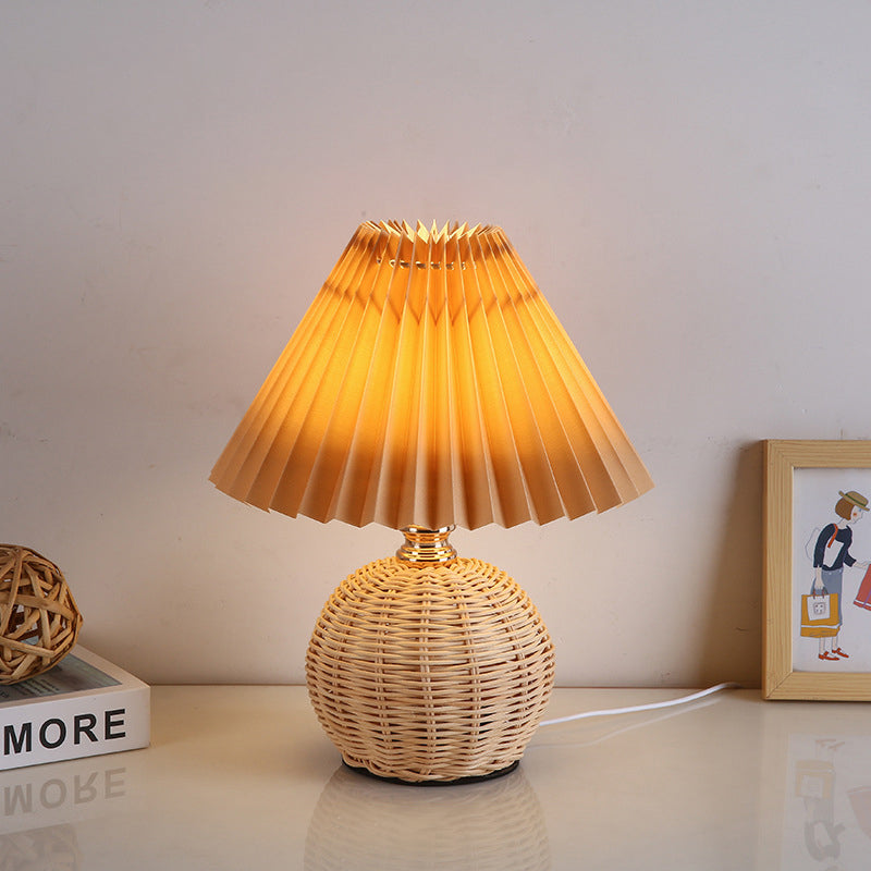 Contemporary Nordic Rattan Fabric Folded Cone Ball LED Table Lamp