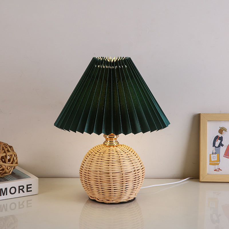 Contemporary Nordic Rattan Fabric Folded Cone Ball LED Table Lamp