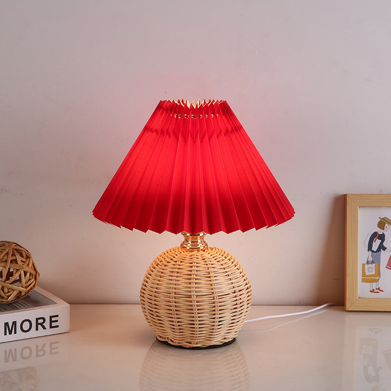 Contemporary Nordic Rattan Fabric Folded Cone Ball LED Table Lamp