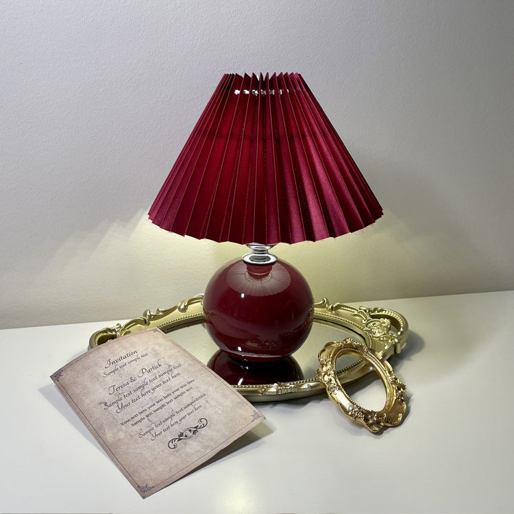 Modern Minimalist Round Fabric Fold Ceramic LED Table Lamp for Bedroom