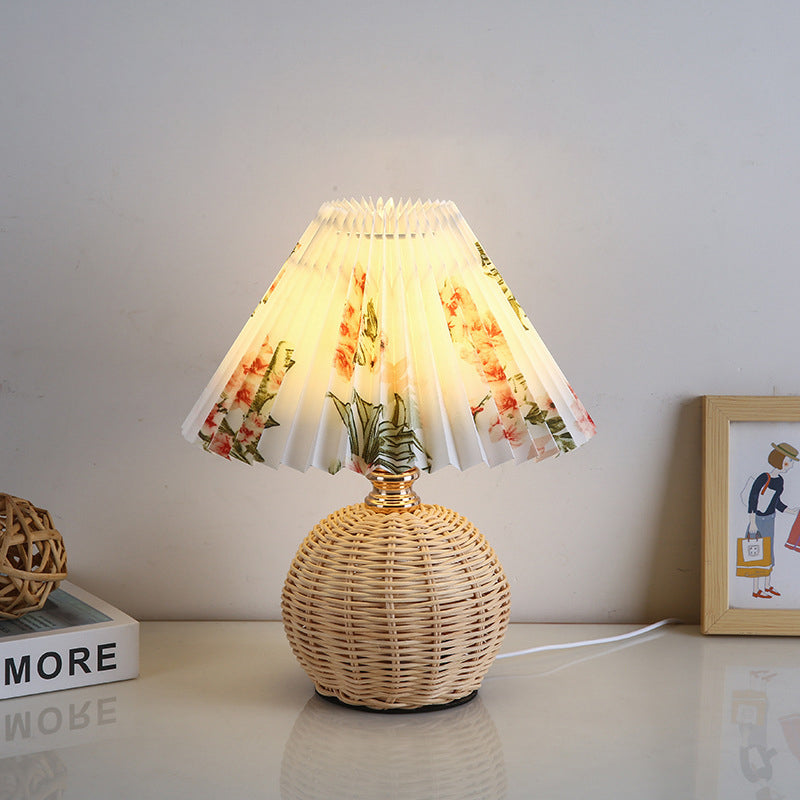 Contemporary Nordic Rattan Fabric Folded Cone Ball LED Table Lamp