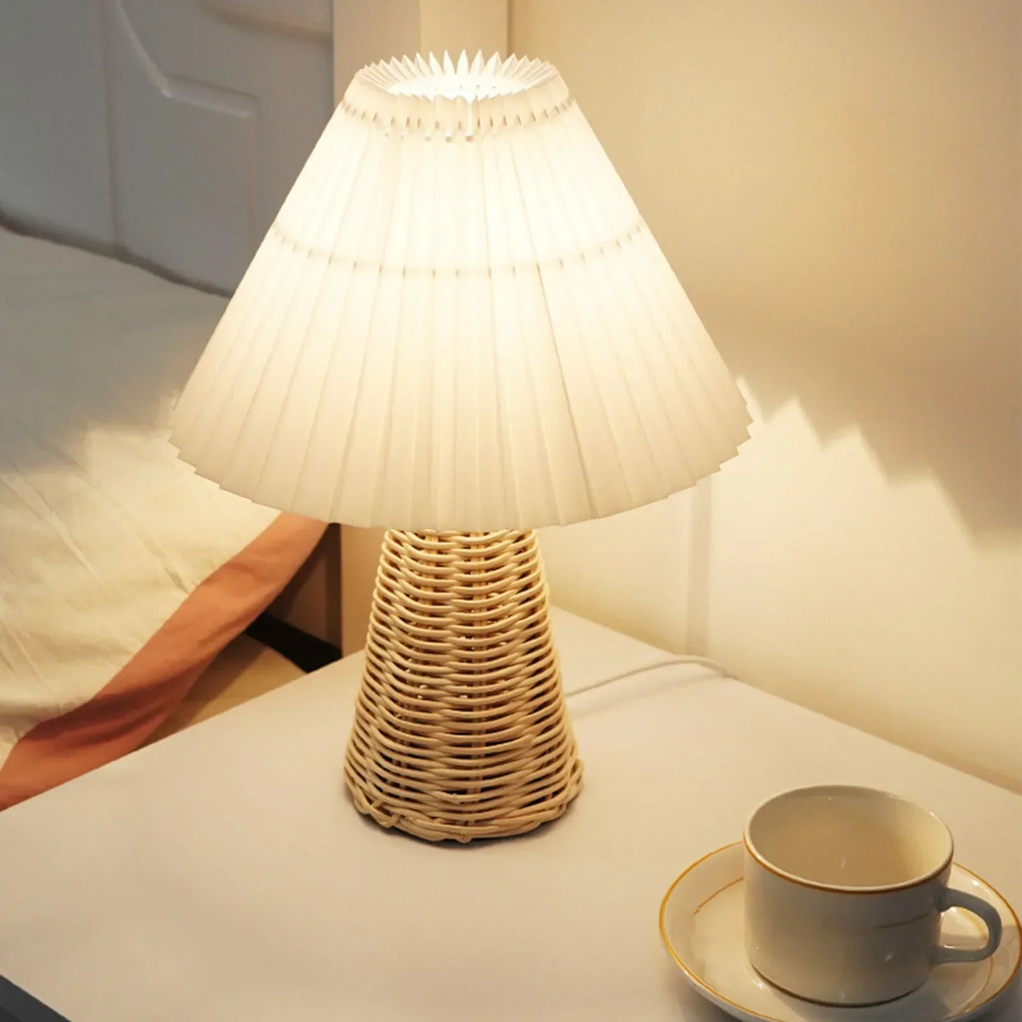 Puffed Table Lamp with Rattan Base | Vintage LED Night Light | Soft Warm Glow for Cozy Bedroom Decor - Morven