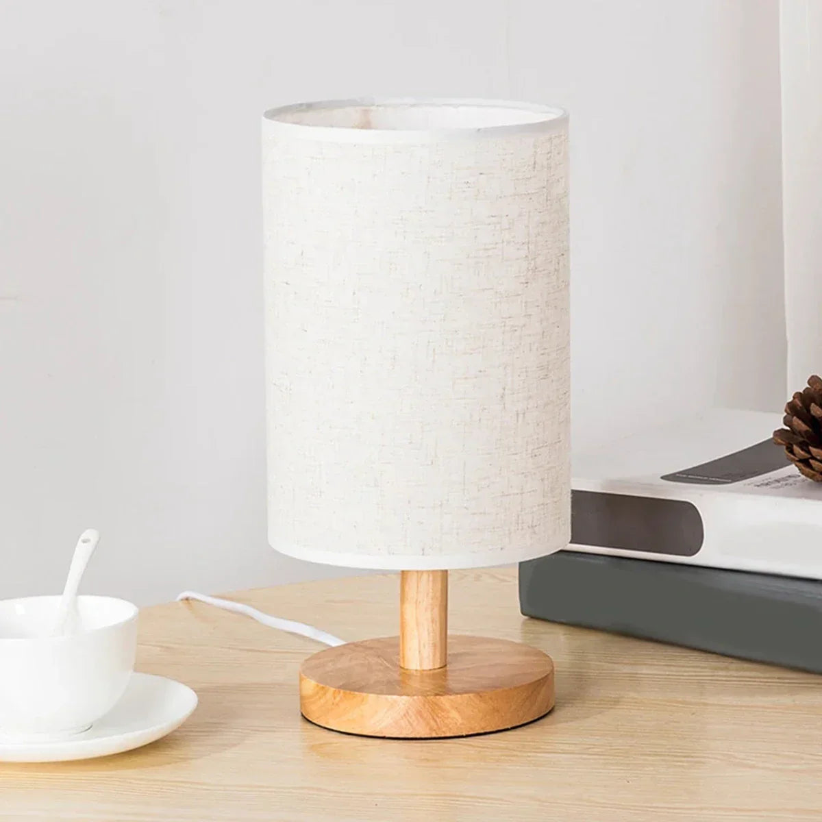 Damero Touch Control Wooden Linen Table Lamp | USB LED Night Light | Warm White Mood Lighting for Cozy Home Decor