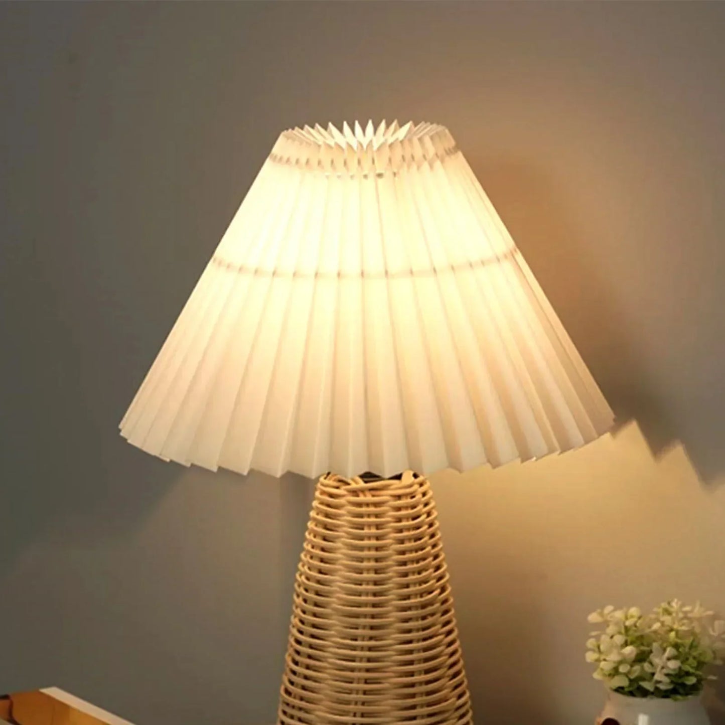 Puffed Table Lamp with Rattan Base | Vintage LED Night Light | Soft Warm Glow for Cozy Bedroom Decor - Morven