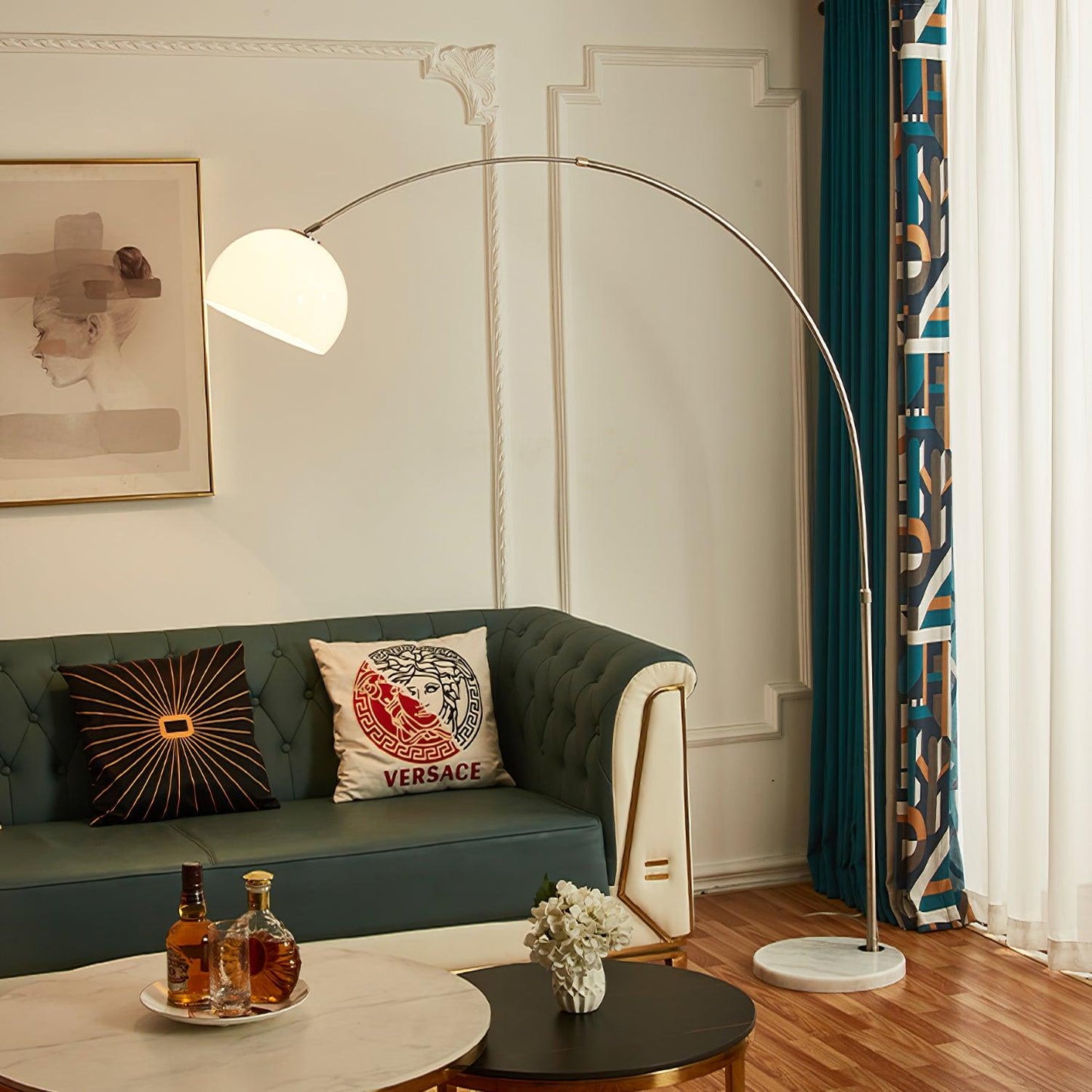 Sneedville Arched Floor Lamp with Marble Base and LED Shade