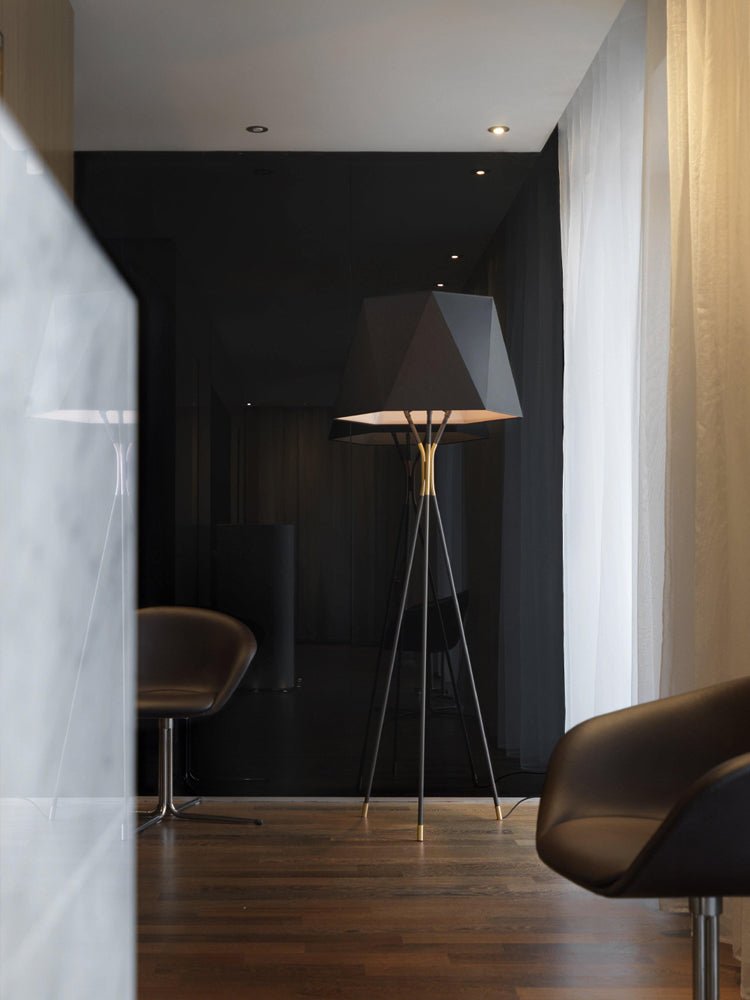 Solitaire Floor Lamp with Black Cloth Shade and Brass Legs