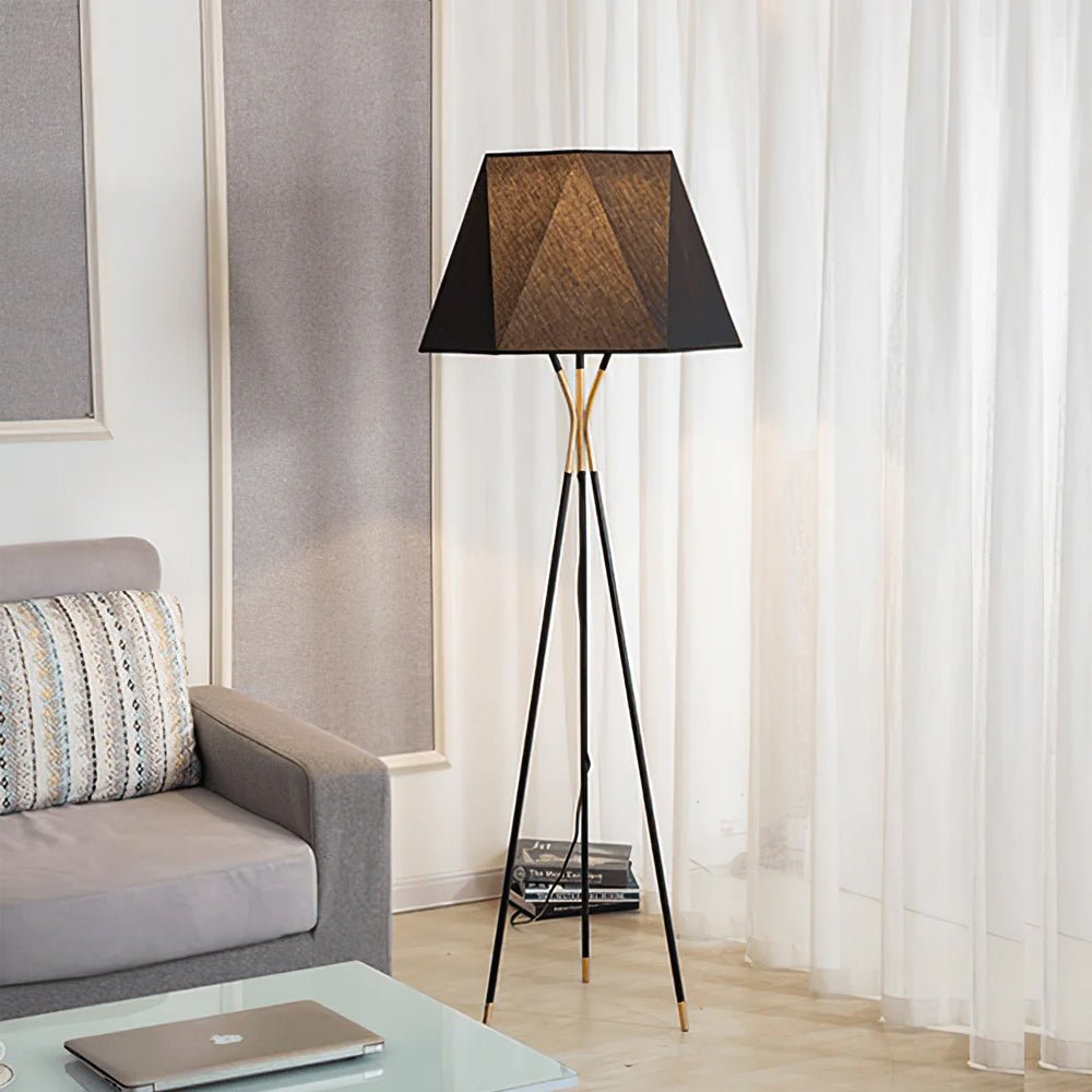 Solitaire Floor Lamp with Black Cloth Shade and Brass Legs