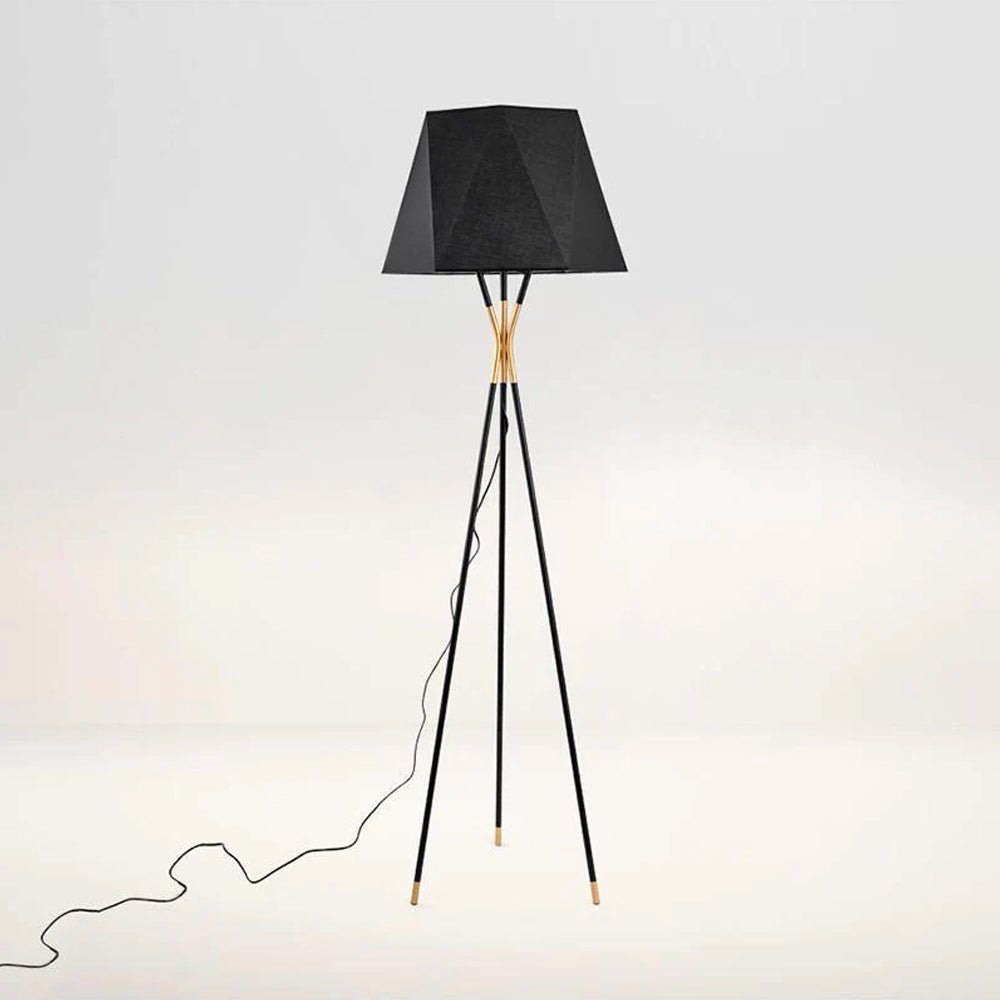 Solitaire Floor Lamp with Black Cloth Shade and Brass Legs