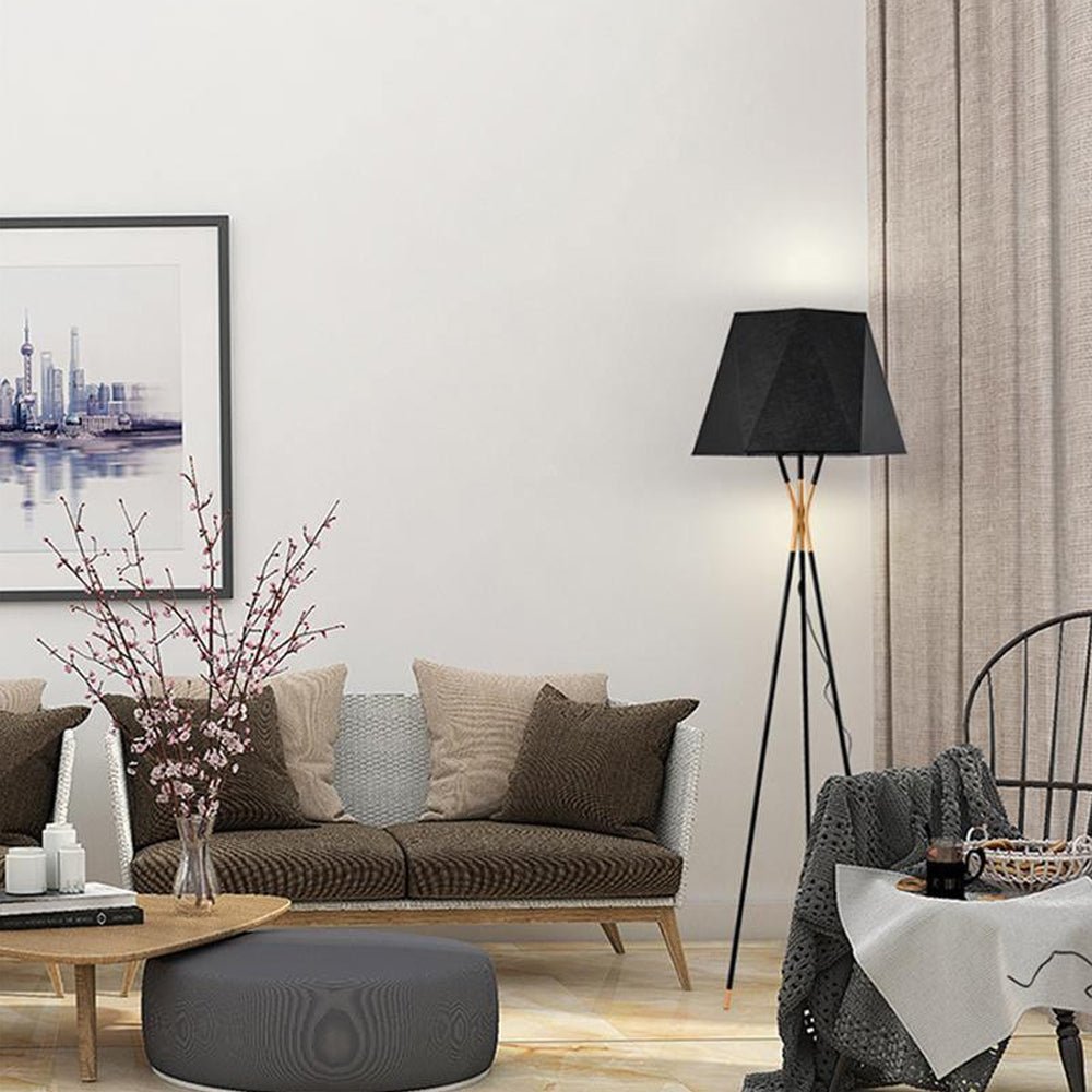 Solitaire Floor Lamp with Black Cloth Shade and Brass Legs