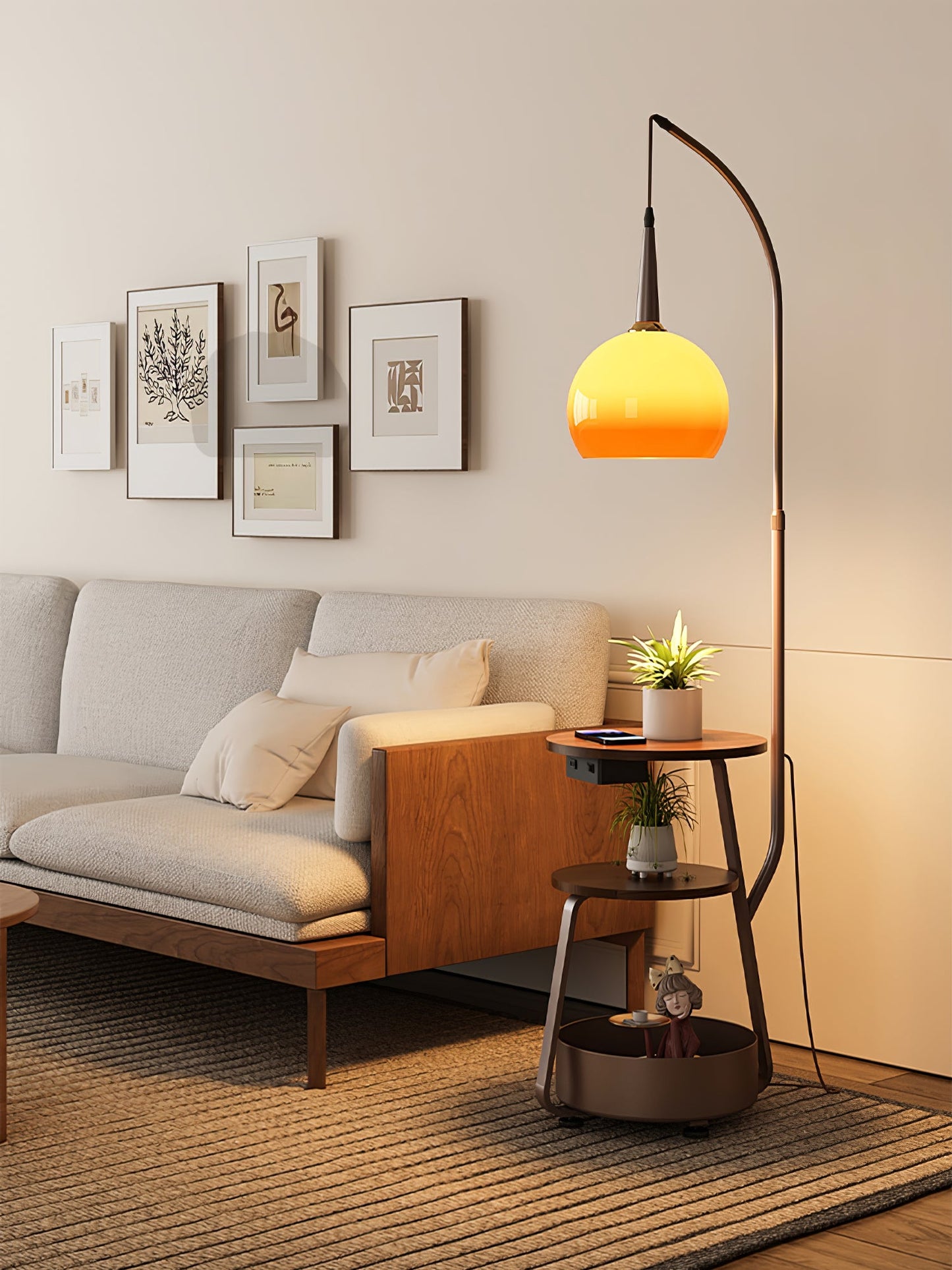 Solstice Arc Floor Lamp with Shelves and LED Light