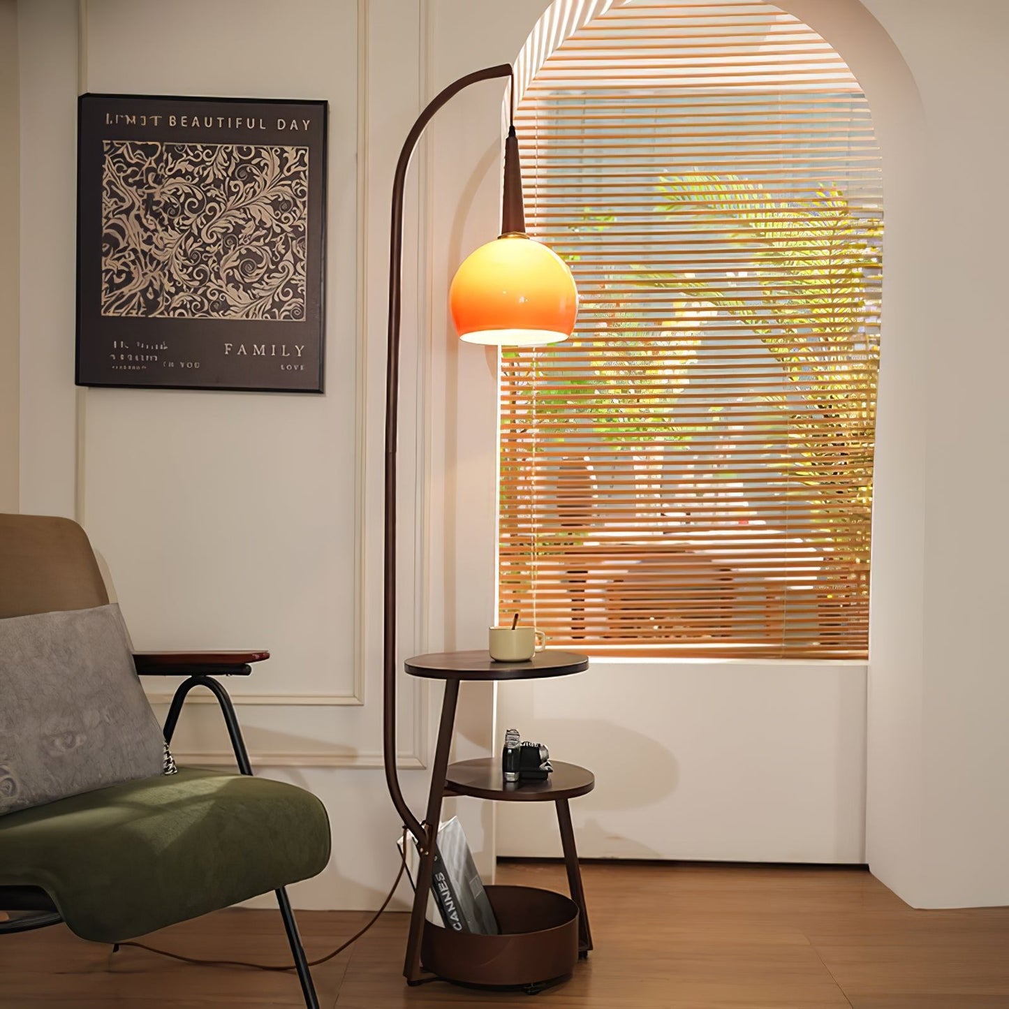 Solstice Arc Floor Lamp with Shelves and LED Light