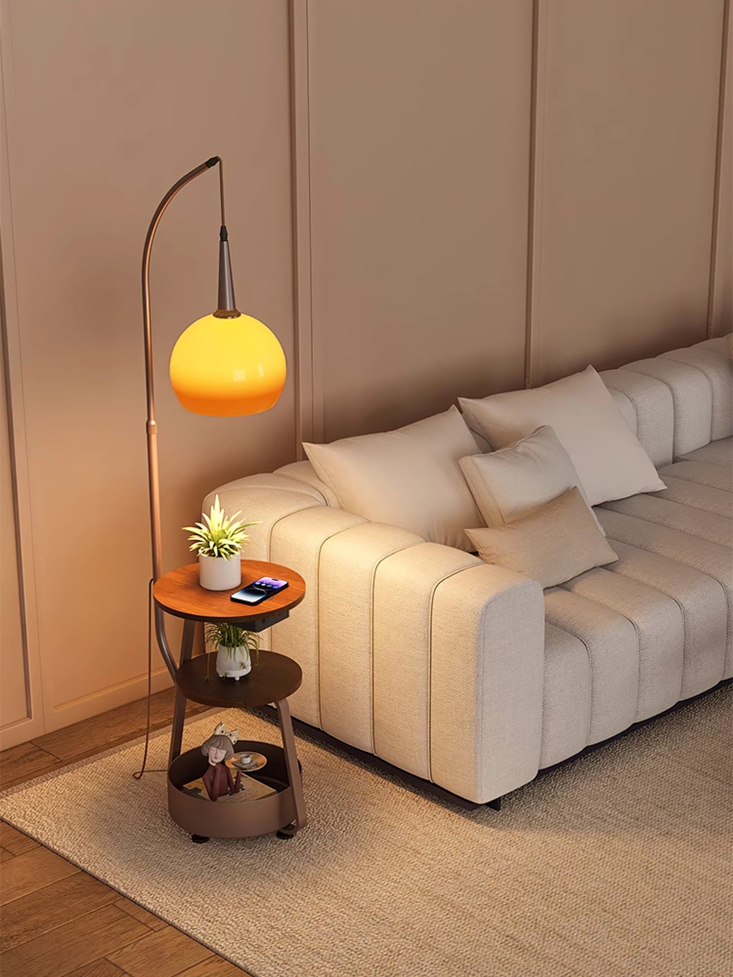 Solstice Arc Floor Lamp with Shelves and LED Light