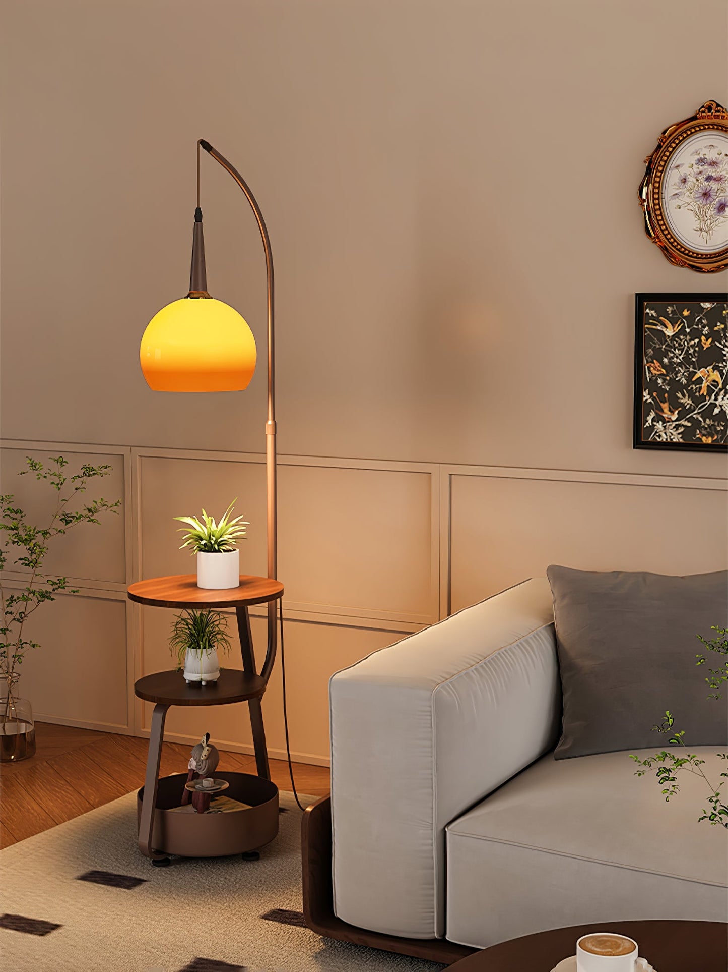Solstice Arc Floor Lamp with Shelves and LED Light
