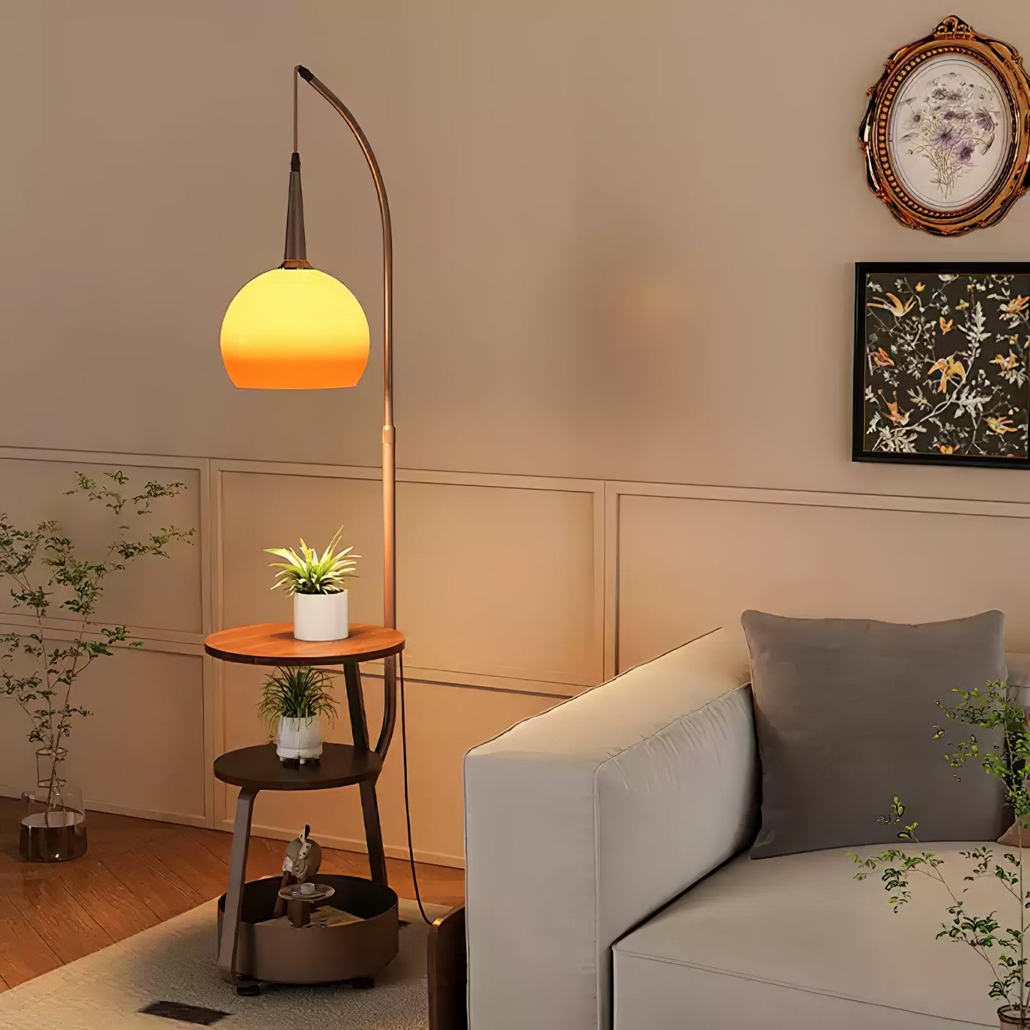 Solstice Arc Floor Lamp with Shelves and LED Light