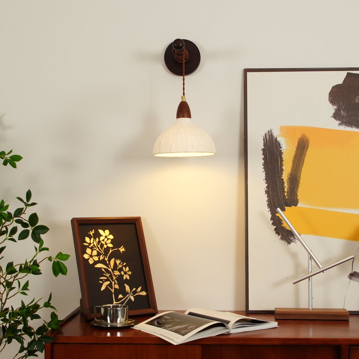 Soren Wall Lamp - Handmade White Rice Paper Shade, Walnut Wood
