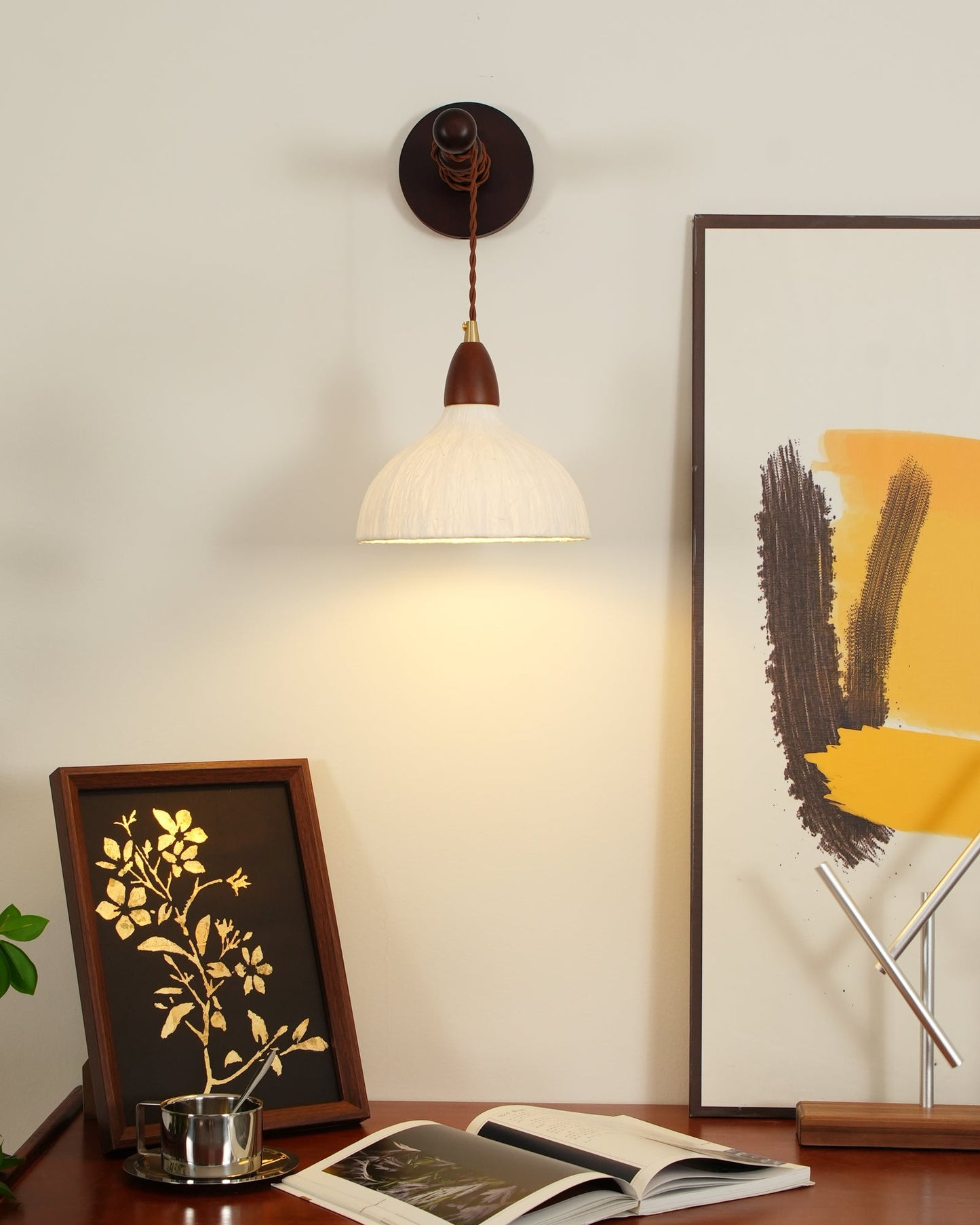 Soren Wall Lamp - Handmade White Rice Paper Shade, Walnut Wood