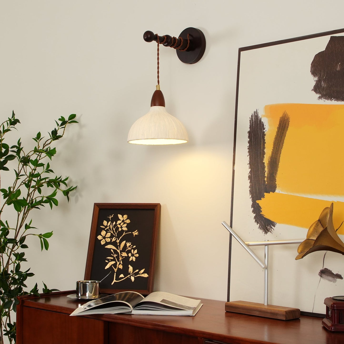 Soren Wall Lamp - Handmade White Rice Paper Shade, Walnut Wood